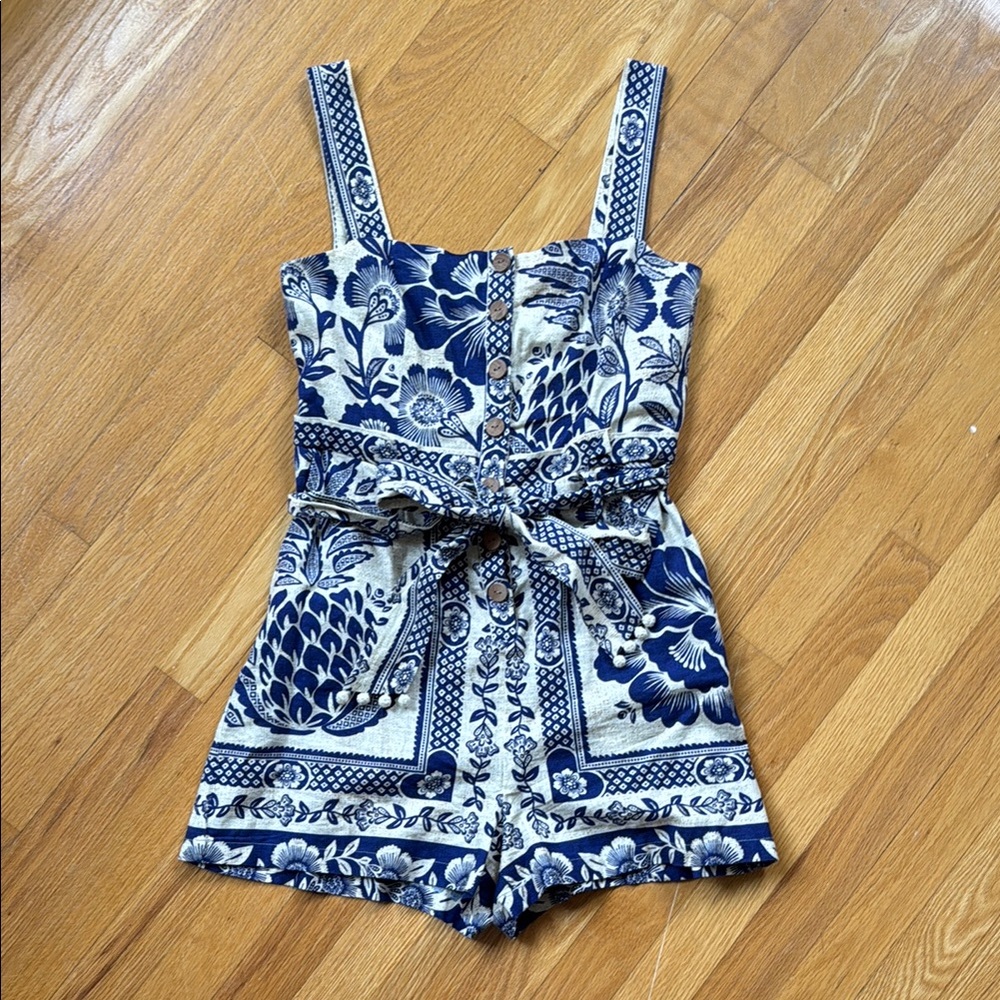 Farm Rio Floral Blue and White Romper